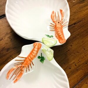 Italian Ceramic Seashell 3D Lobster Seafood Motif Small Scalloped Dishes